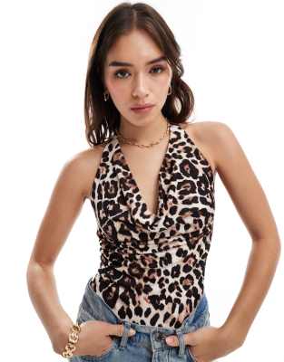 cowl neck polyamide bodysuit in leopard print-Multi