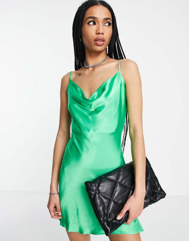 Bershka cowl neck satin mini dress in green