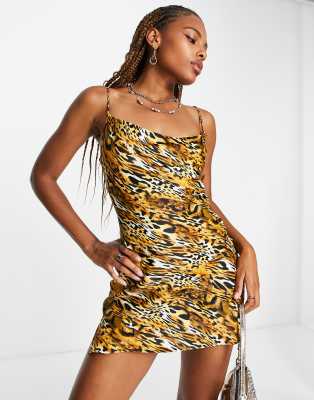 Bershka cowl neck satin mini dress in leopard print