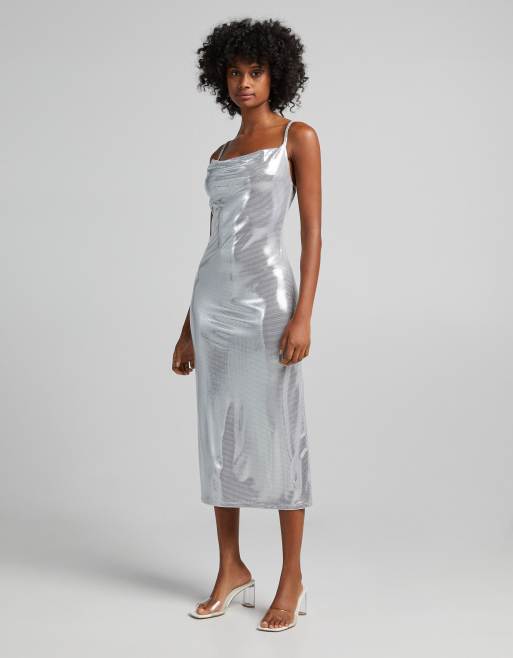 Bershka cowl neck slip dress in silver