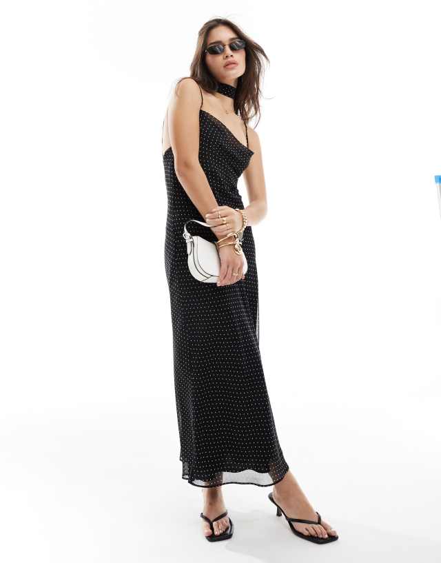 Bershka - cowl neck tie back maxi dress in black polka dot