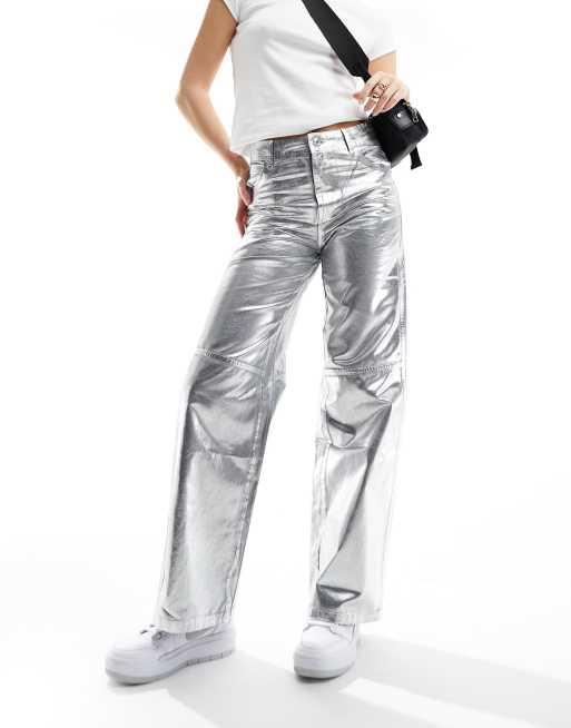 Bershka cracked faux leather straight leg pants in gunmetal silver