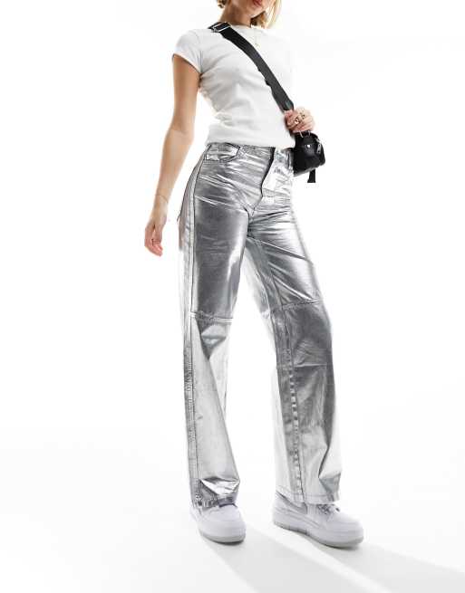 Naked Wardrobe leather look wide leg pants in silver croc