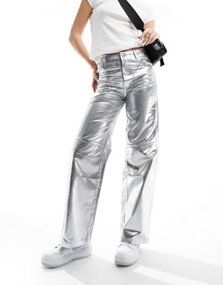 Bershka cracked faux leather straight leg trousers in gunmetal silver - ASOS Price Checker
