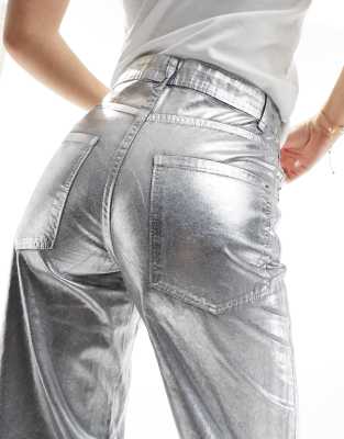 Bershka cracked faux leather straight leg trousers in gunmetal silver