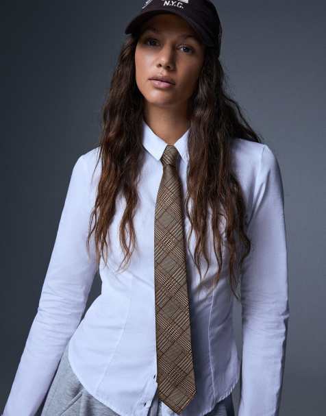 Bershka cravatta a quadri marrone - view 1
