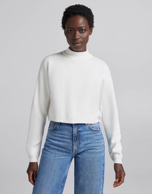 Bershka crew neck crop jumper in white ASOS