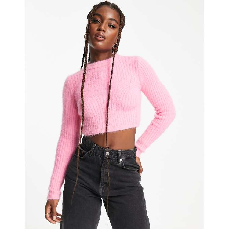 Bershka crew neck cropped fluffy jumper in pink ASOS