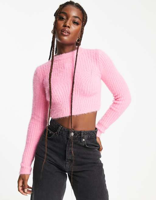 Bershka crew neck cropped fluffy jumper in pink