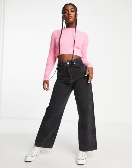 Bershka crew neck cropped fluffy jumper in pink | ASOS