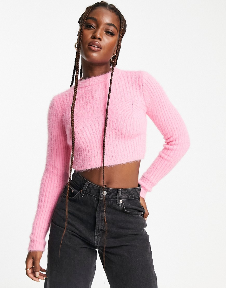 Bershka crew neck cropped fluffy sweater in pink
