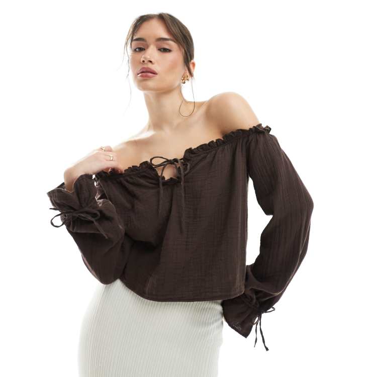 Bershka crinkle bardot top in brown | ASOS