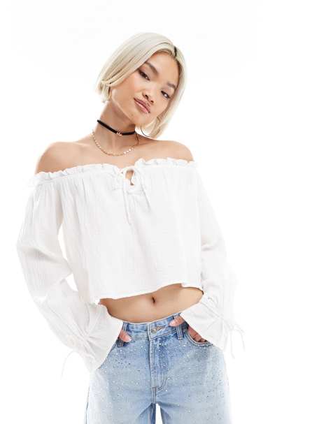 Bershka crinkle bardot top in ecru - view 1