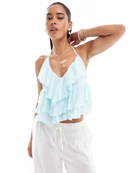Bershka crinkle halterneck ruffle top in turqouise - view 1