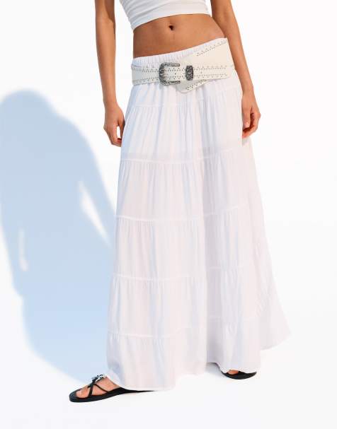 Bershka crinkle midi skirt in white