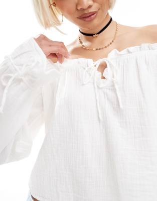 Bershka Crinkle Off The Shoulder Top In Neutral