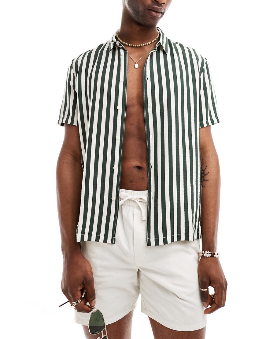Bershka Crinkle Striped Shirt In Khaki-green