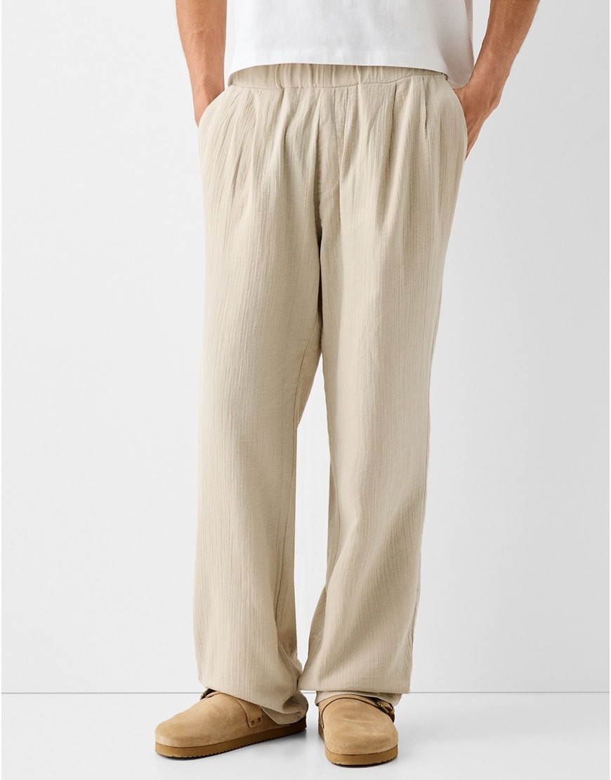 Bershka Crinkle Textured Pants In Stone - Part Of A Set-neutral