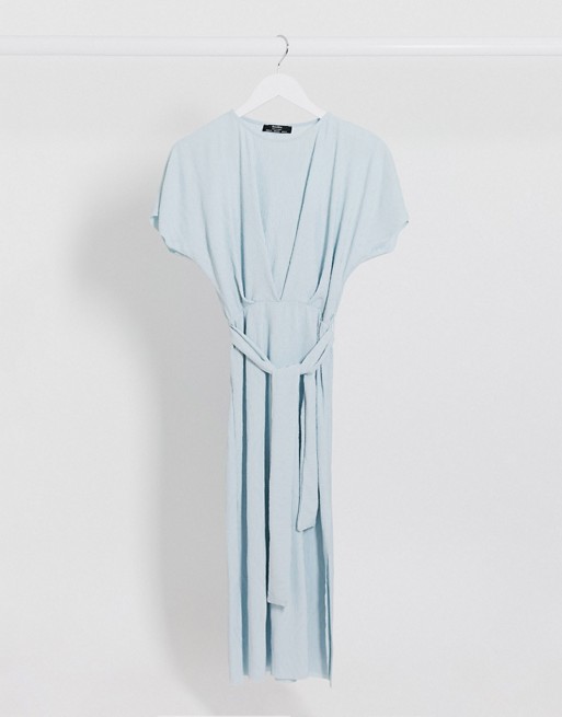 Bershka crinkle tie-waist midi dress in light blue