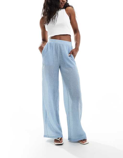 Bershka crinkle wide leg pants in blue