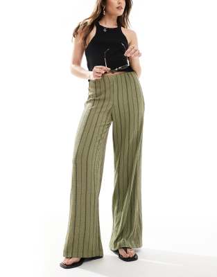 crinkle wide leg pants in khaki stripe-Green