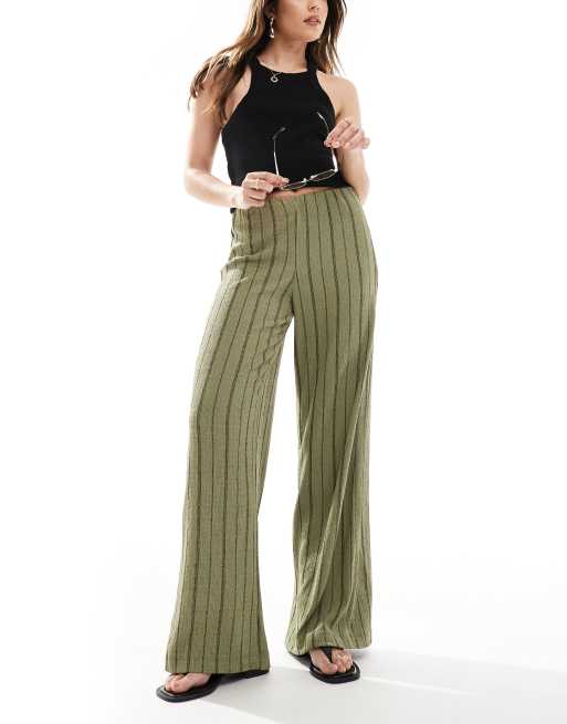 Bershka crinkle wide leg pants in khaki stripe
