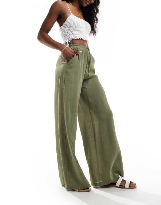 Bershka crinkle wide leg pants in khaki