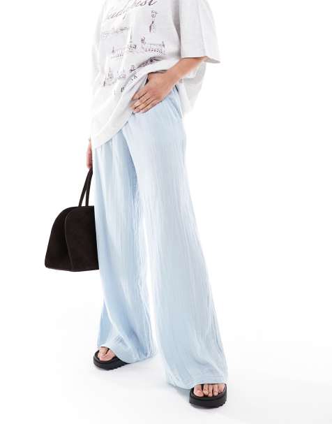 Bershka crinkle wide leg trousers in blue - view 1
