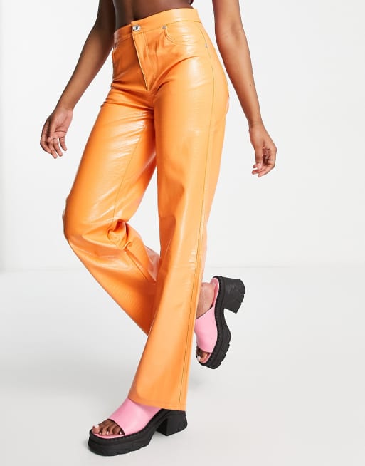 Orange Faux Leather Zip Seam Straight Leg Pants