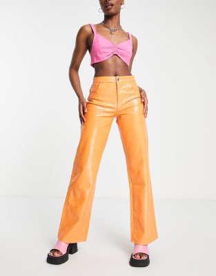 Orange Faux Leather Zip Seam Straight Leg Pants