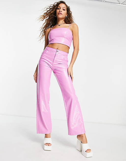 Bershka croc effect faux leather straight leg pants in pink (part of a set)