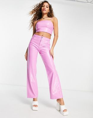 Bershka croc effect faux leather straight leg pants in pink (part of a set) - ASOS Price Checker