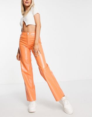 Bershka croc effect faux leather straight leg trouser in orange