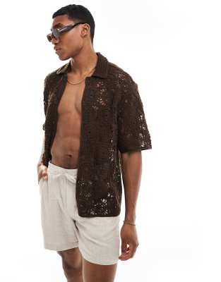 Bershka Crochet Boxy Shirt In Chocolate-brown In Brown
