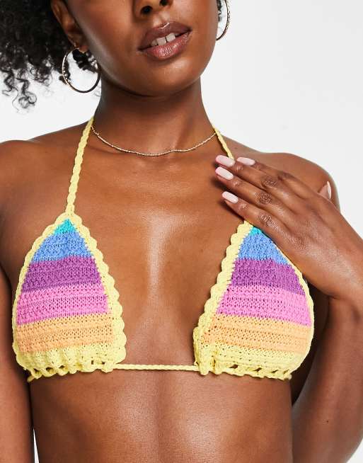 Women Halter Backless Bikinis Bra Crochet Embroidery Colorblock Striped  Bralette