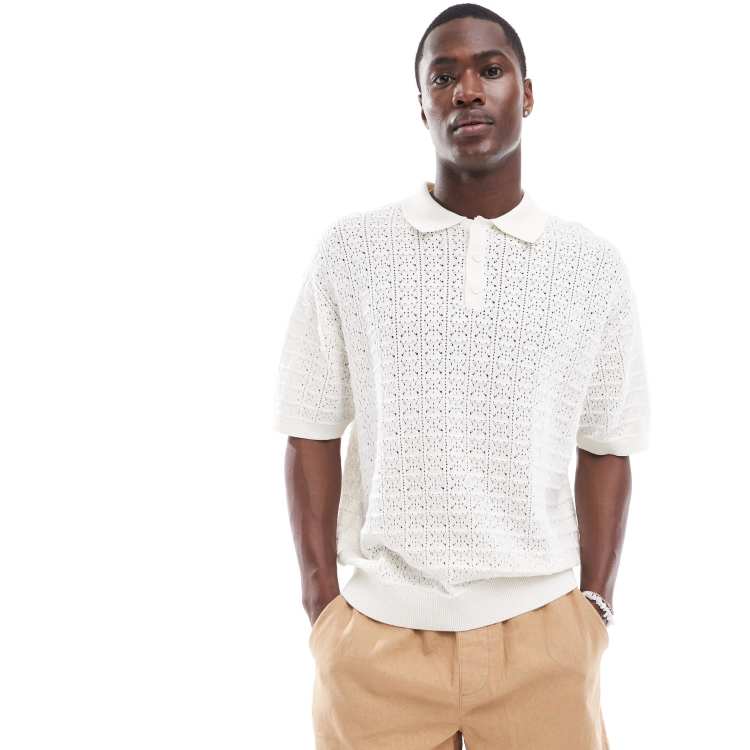 Bershka crochet detail knit polo shirt in white ClassicfuncenterShops Camisa Polo Infantil Lacoste Kids Logo Branca