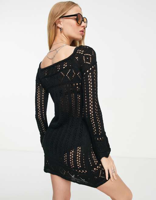 bershka crochet dress Bershka crochet detail long sleeve mini dress in black