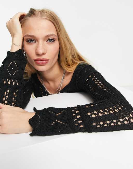 Bershka crochet detail long sleeve mini dress in black, 3 of 4