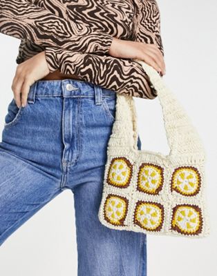 Bershka crochet detail shoulder bag in ecru