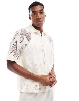 Bershka Bershka crochet diamond shirt in ecru-Neutral