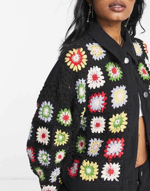 Bershka crochet floral print jacket in multi