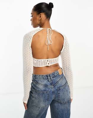 Bershka crochet halterneck shrug top in ecru