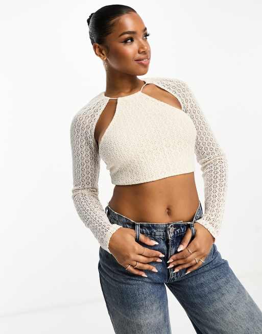 Bershka crochet halterneck shrug top in ecru