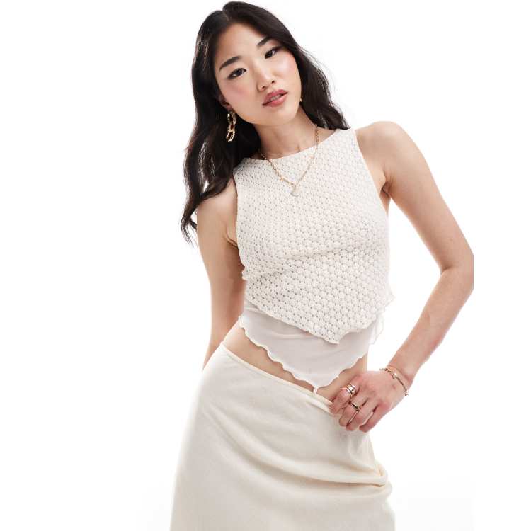 Bershka crochet handkerchief hem top in white ASOS