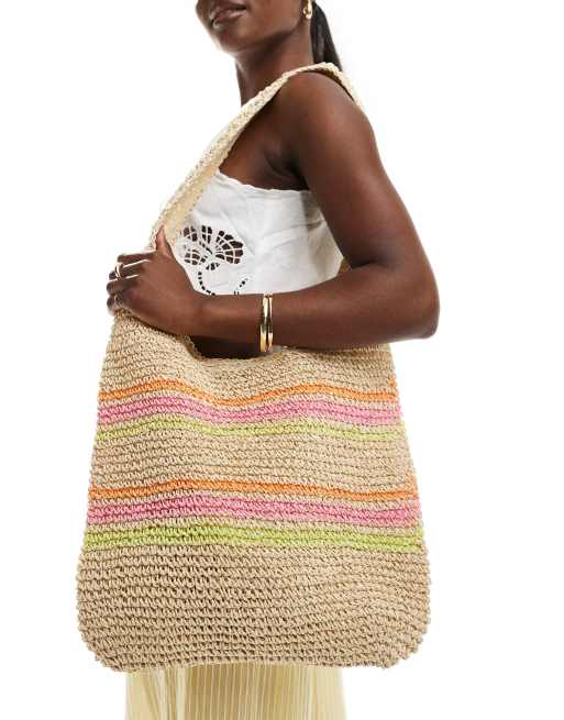 Bershka crochet slouchy bag in natural with pink stripe 