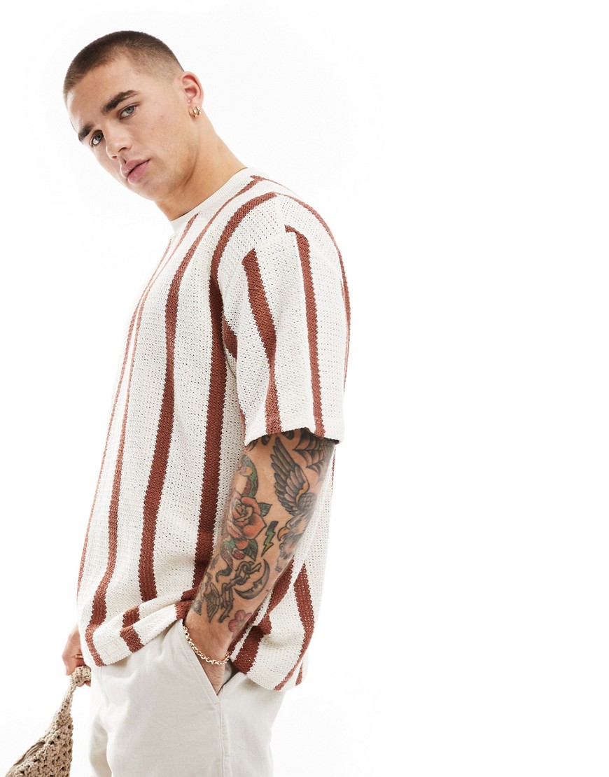 Bershka crochet stripe t-shirt in ecru-Neutral