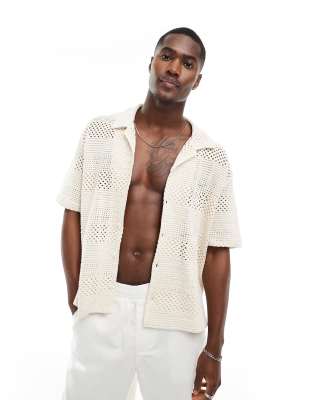 Bershka Crochet Textured Shirt In Ecru-neutral In White