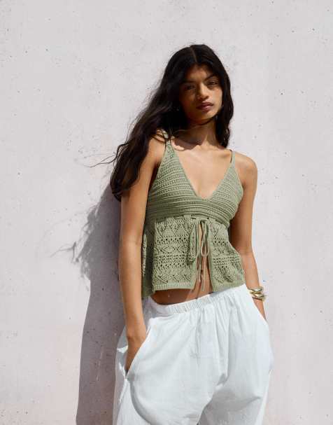 Bershka crochet top in khaki - view 1