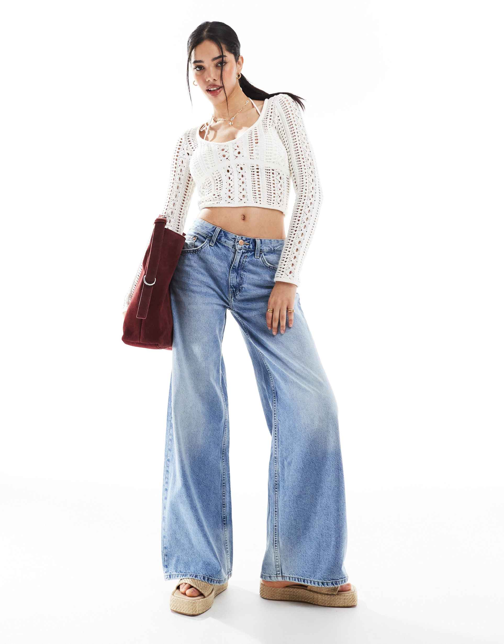 bershka crochet v-neck top in ecru