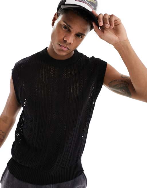 Black Mock-Crochet Vest